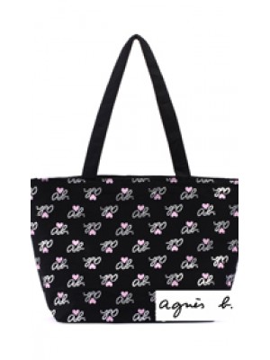 AB002*Agnes B Monogrammed Black Canvas Shopper